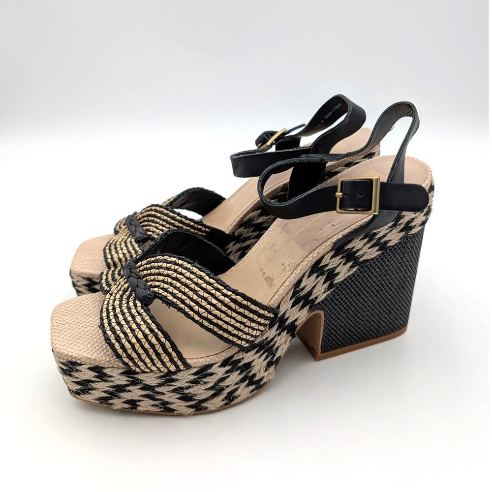 Dolce Vita Cale Woven Raffia Platform Sandals Womens Black/Natural Sz US9 EU39.5